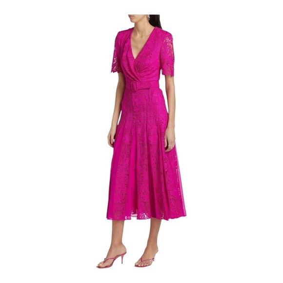 NWT! Badgley Mischka Fuchsia Lace Georgette Belted Midi-Dress. Size 0. - Picture 16 of 16